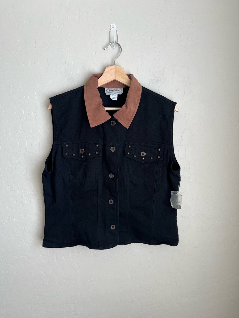 Vintage 90s Stonebridge Western Stud Rivet Pocket Cotton Vest Black Tan NEW Lrg - Picture 2 of 5